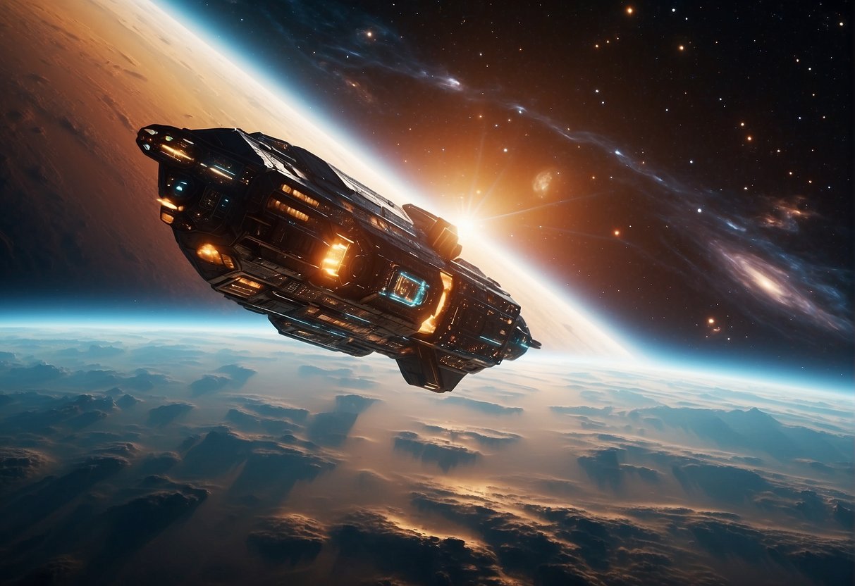 A spaceship hurtles through a vibrant nebula, its hull glinting in the alien sun. A holographic display flickers, showing a map of uncharted galaxies. The crew's survival gear is scattered across the floor, ready for their next