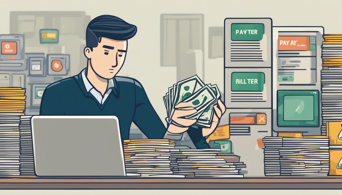 A person using a smartphone to make a purchase, with the option to "pay later" displayed on the screen. A pile of bills and a warning sign symbolizing the risks of accumulating debt