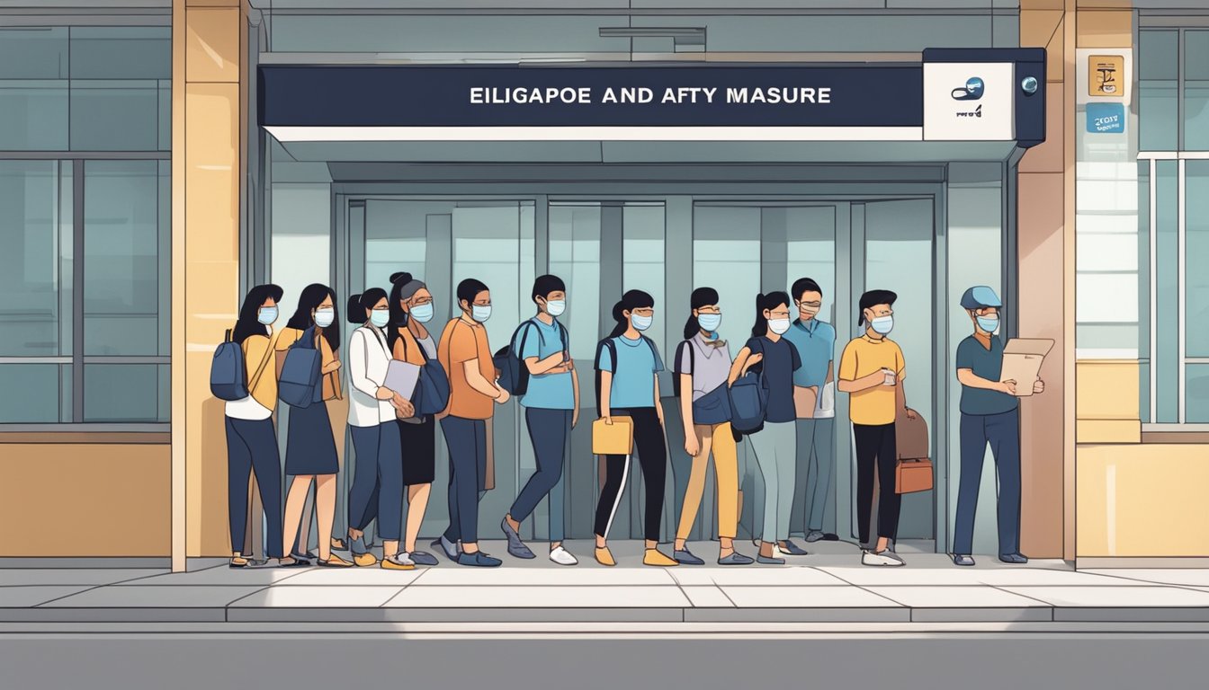 A group of people lining up with masks on, waiting to enter a building with a sign that reads "Eligibility and Safety Measures, Pay Later, Singapore."