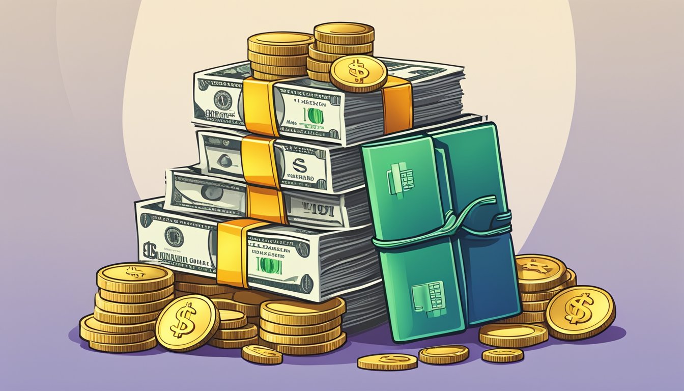 A pile of cash and a stack of coins, alongside a credit card and a savings account book, all surrounded by bright, shining dollar signs