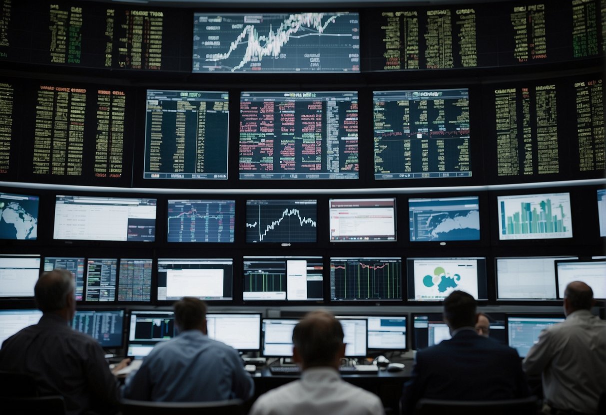 A bustling stock market floor contrasts with a quiet exchange. Traders shout and gesture at screens, while others quietly analyze data