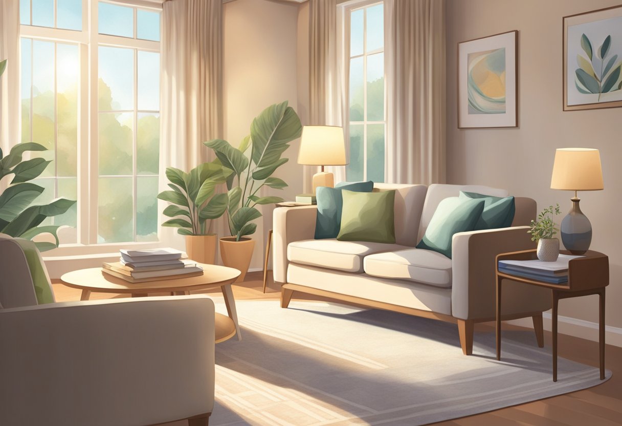 A peaceful room with soft lighting, comfortable furniture, and serene decor. A gentle breeze moves the curtains as a caregiver provides compassionate support