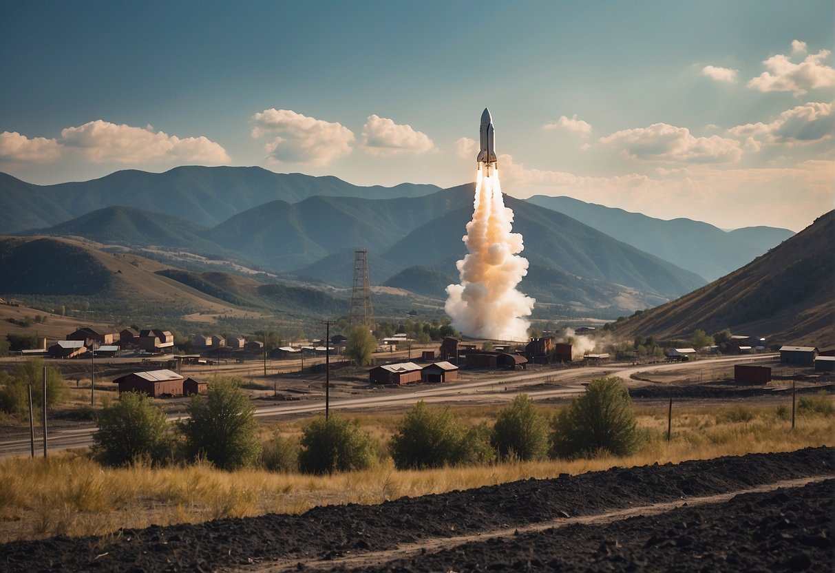 A rocket launching into the sky against a backdrop of a small coal mining town in the 1950s, with mountains in the distance