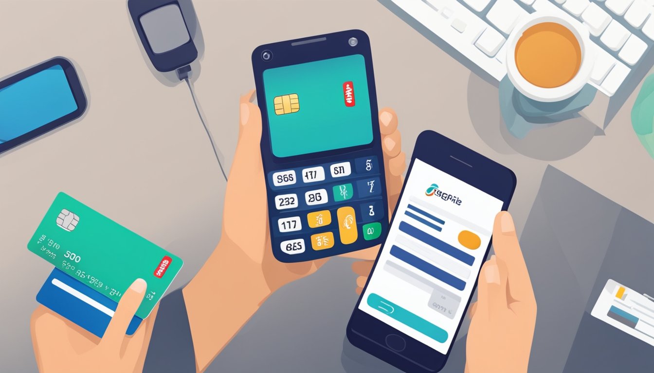 A hand holding a credit card while using a smartphone to pay a Singtel bill online