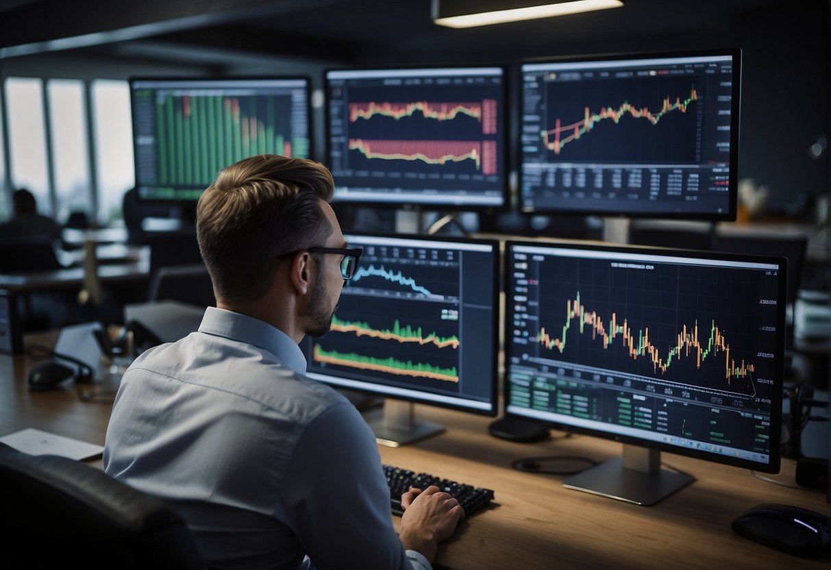 A trader analyzing stock market charts and risk management strategies. Multiple screens show various exchange rates and market data