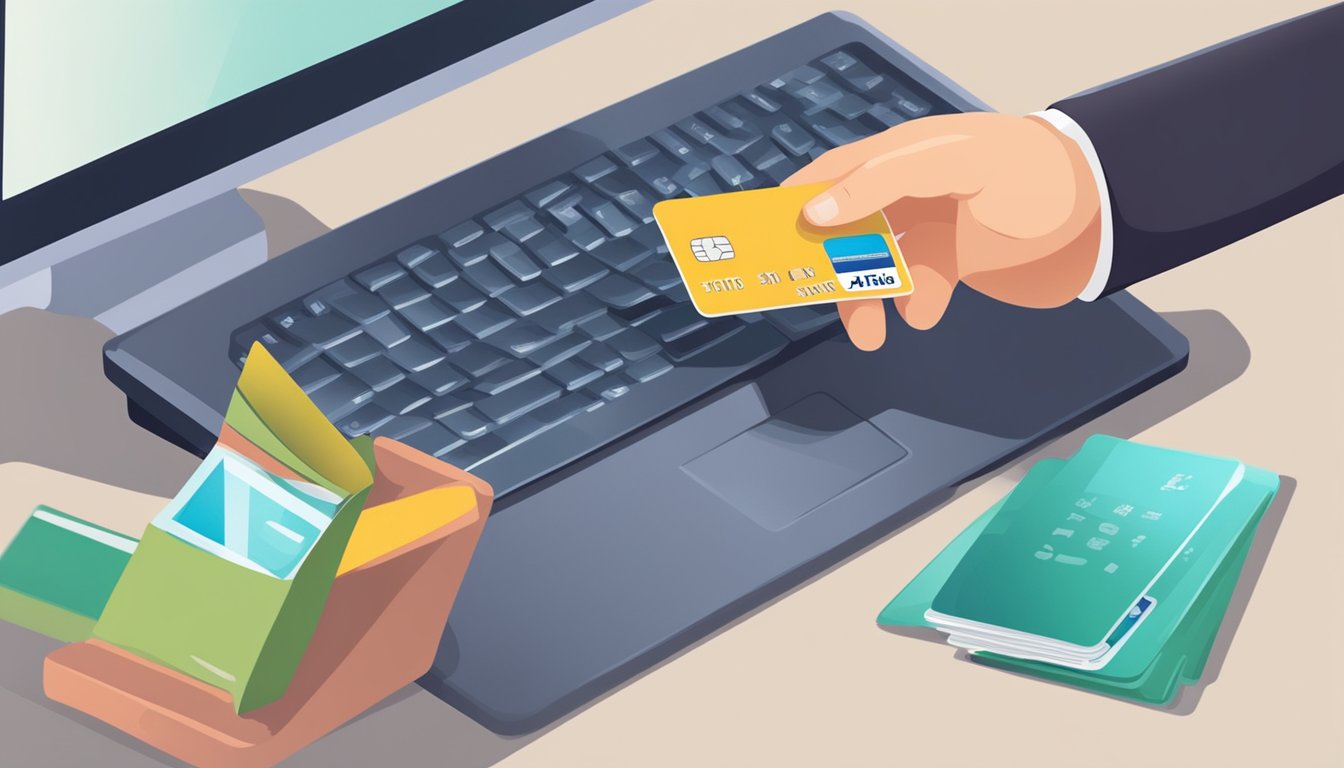 A hand holding a credit card, typing on a computer to pay Singtel bill online