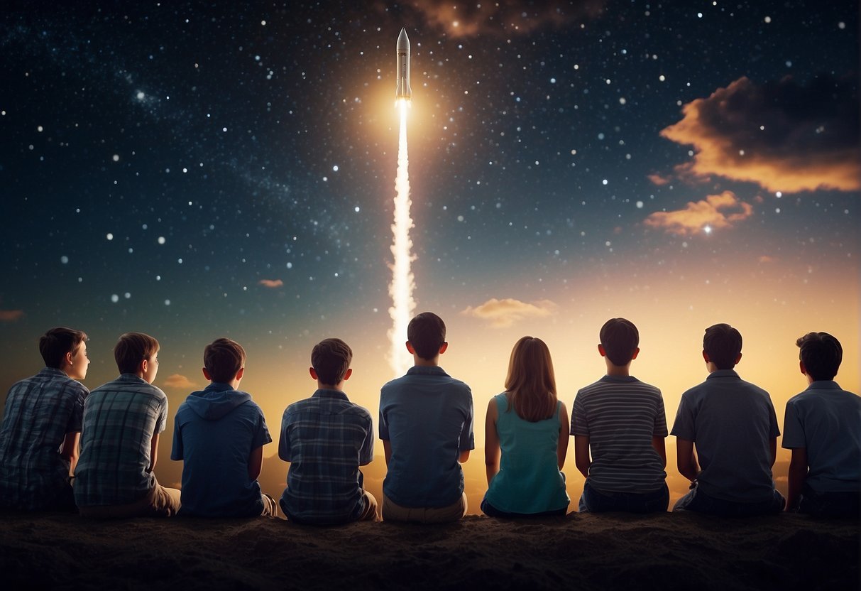 A group of students gaze up at the night sky, captivated by the sight of a rocket soaring into the stars, fueling their dreams of becoming future space scientists