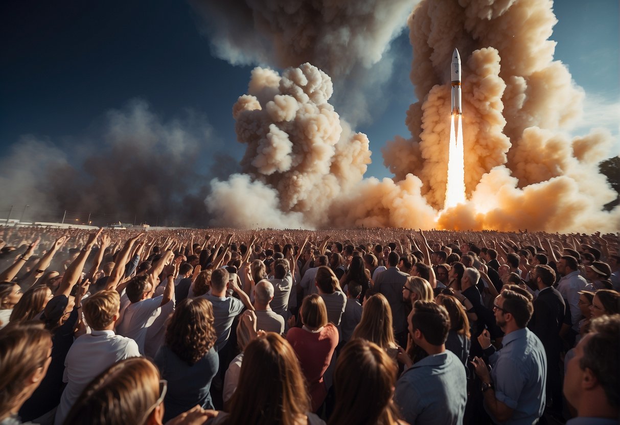A rocket launches into the sky, leaving a trail of smoke and fire behind. The surrounding crowd cheers and looks on in awe, inspired by the potential of space exploration