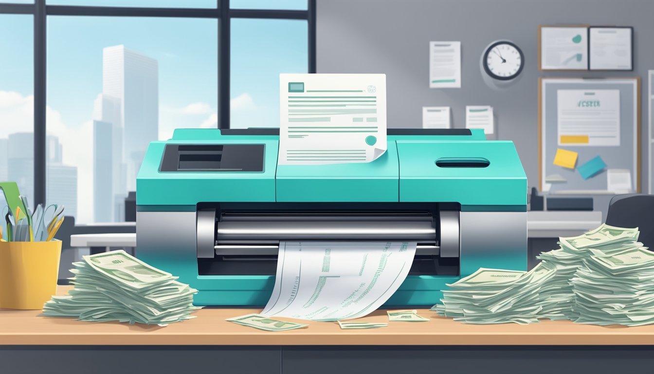 A stack of payday loan documents being shredded by a powerful machine in a bright and modern office setting