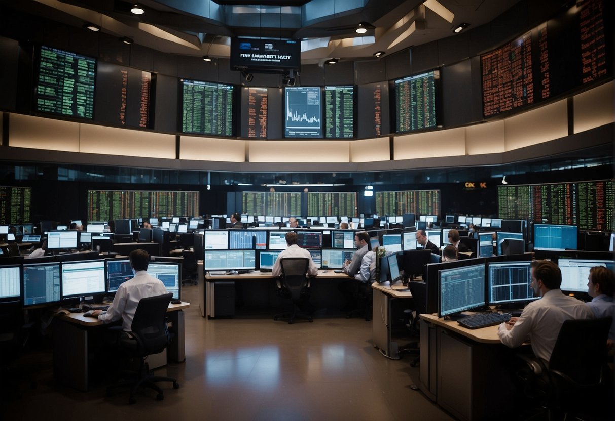 A bustling stock market with traders on the floor, screens displaying market data, and a ticker tape running across the room. Other exchanges show a more modern, digital setup with traders using advanced technology and platforms to make trades