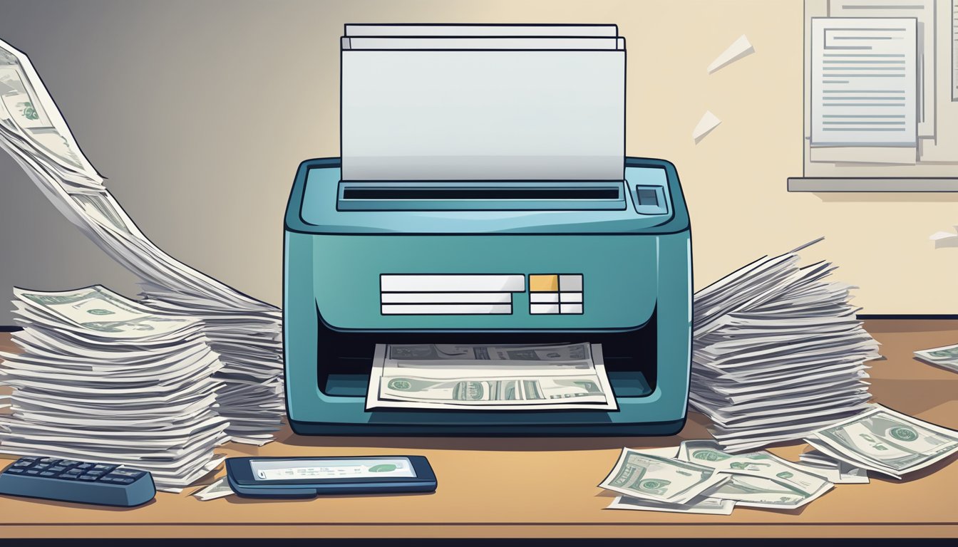 A stack of payday loan documents being shredded into a paper shredder, with a calculator and a laptop nearby showing decreasing numbers