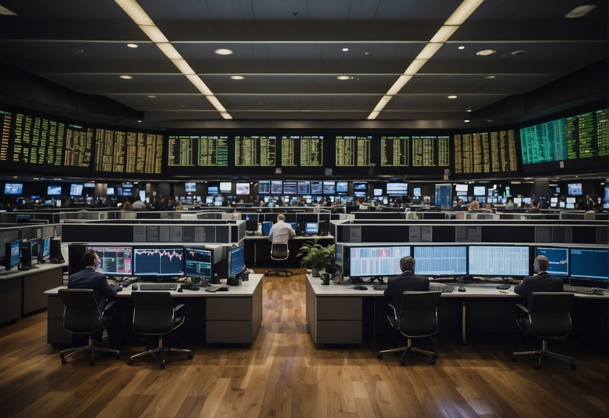 A bustling stock market floor with traders gesturing and shouting. Other exchanges show digital screens and electronic trading platforms