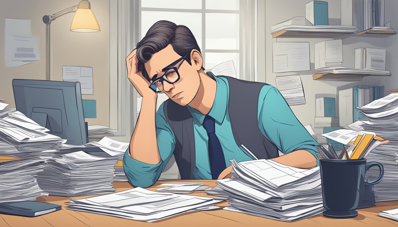 A person sitting at a desk, surrounded by paperwork and financial documents, with a look of confusion and frustration on their face