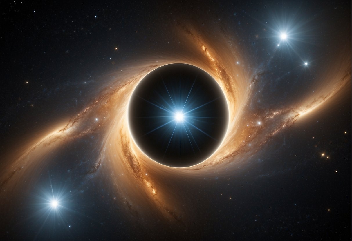 A swirling vortex of light and dark, with gravitational lensing and accretion disk, surrounded by stars and space debris