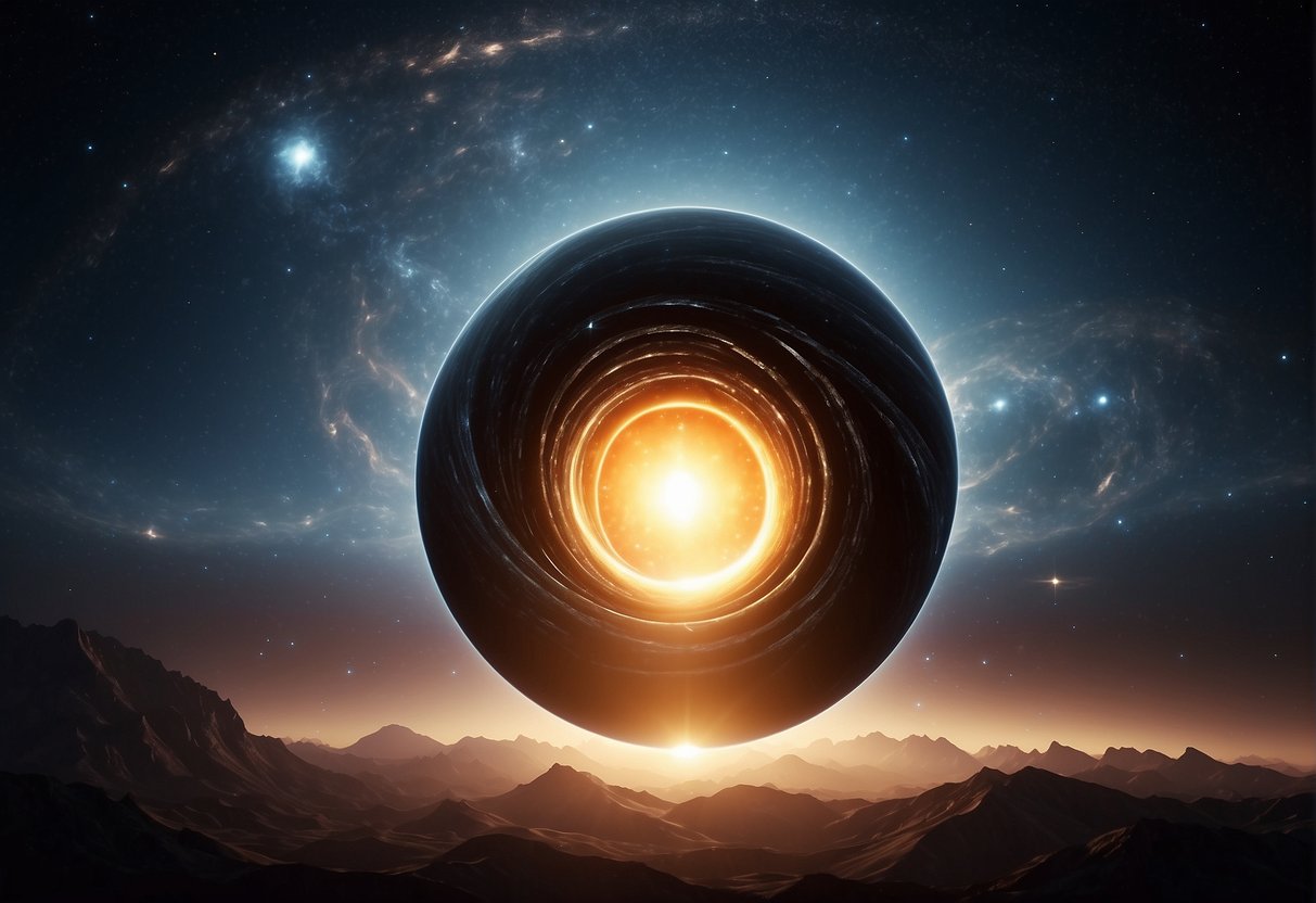 A black hole surrounded by swirling gas and distorted light, with a team of scientists and CGI artists working together to create a realistic visualization