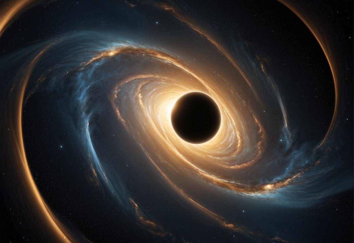 A swirling vortex of intense gravity distorts space, surrounded by glowing gas and debris. Rays of light bend and twist around the black hole's event horizon, creating a mesmerizing and ominous spectacle