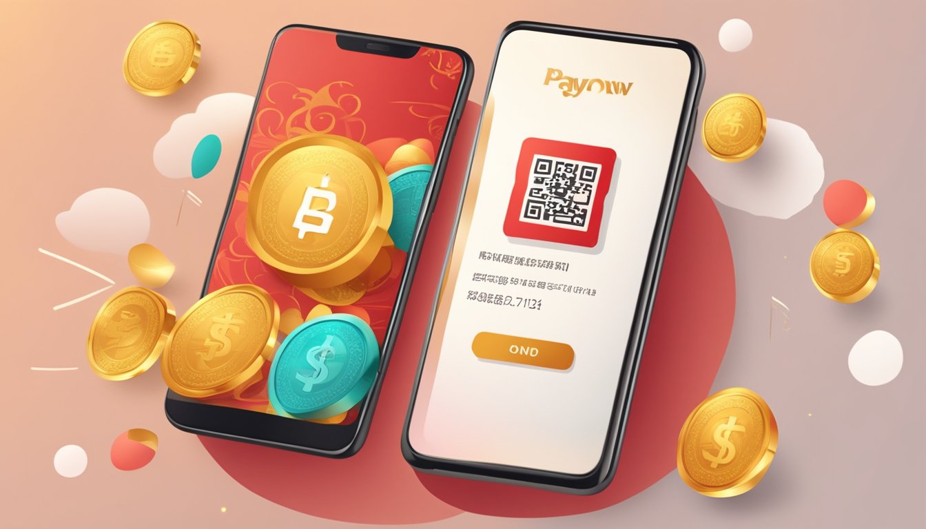A smartphone displaying the PayNow app with an e-ang bao transaction. A festive background with red and gold decorations