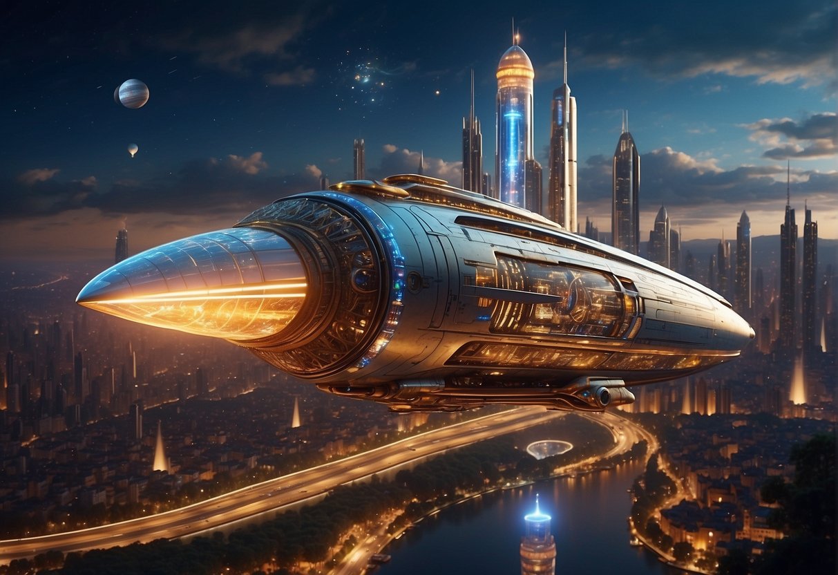 Jules Verne's iconic rocket ship soars through a futuristic city, surrounded by holographic projections of planets and stars