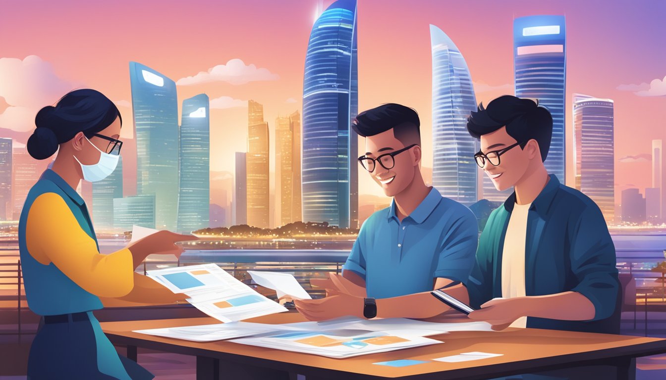 Multiple individuals exchanging funds and documents in a digital platform, with a backdrop of Singapore's iconic skyline