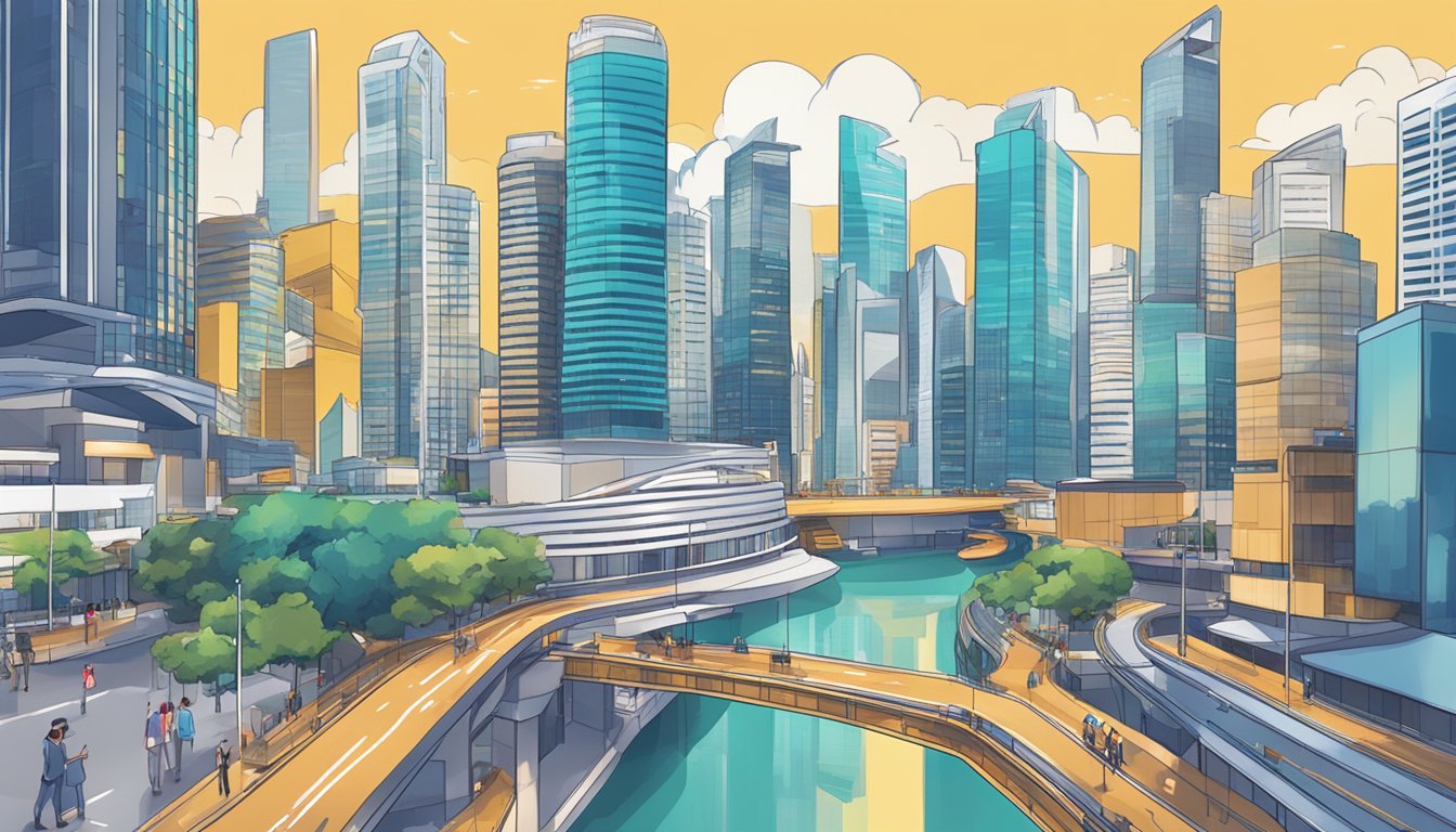 A bustling Singapore cityscape with financial buildings and digital devices, representing P2P lending platforms