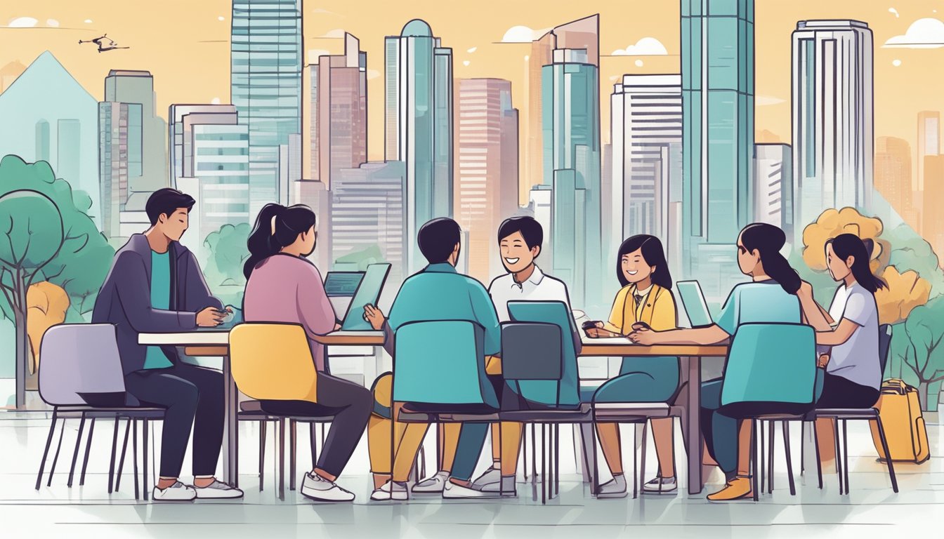 A group of individuals gather around a digital platform, exchanging funds through peer-to-peer lending in Singapore. The scene exudes trust and collaboration as they engage in borrowing and lending activities