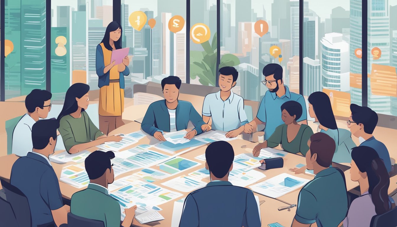 A group of people gather around a table, exchanging information and discussing peer to peer lending in Singapore. Charts and graphs are displayed, and everyone is engaged in the conversation
