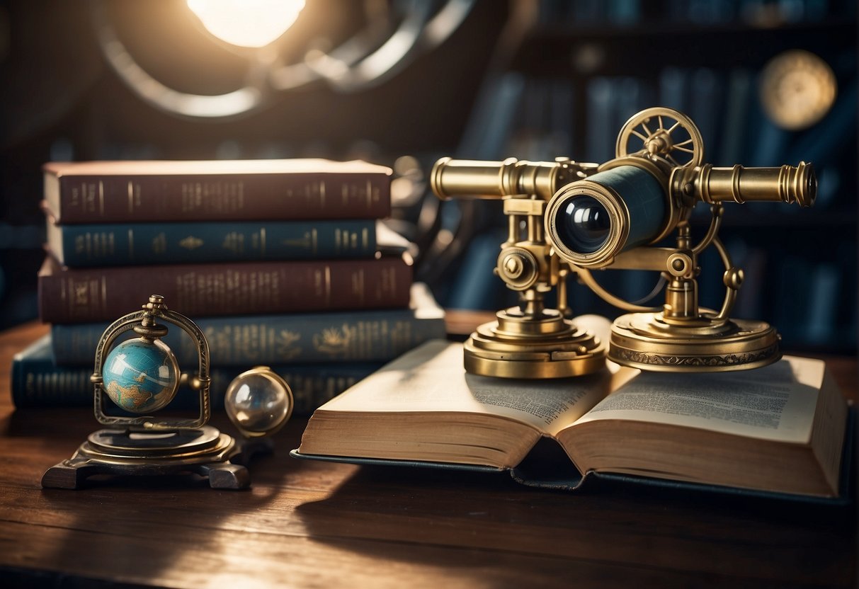 Jules Verne's books surround a vintage telescope with futuristic spacecraft and satellites, symbolizing his impact on modern space exploration media