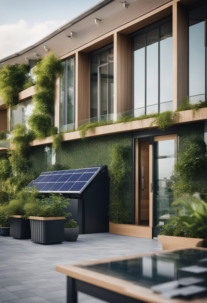A modern eco-friendly hotel with solar panels, recycling bins, and lush green landscaping