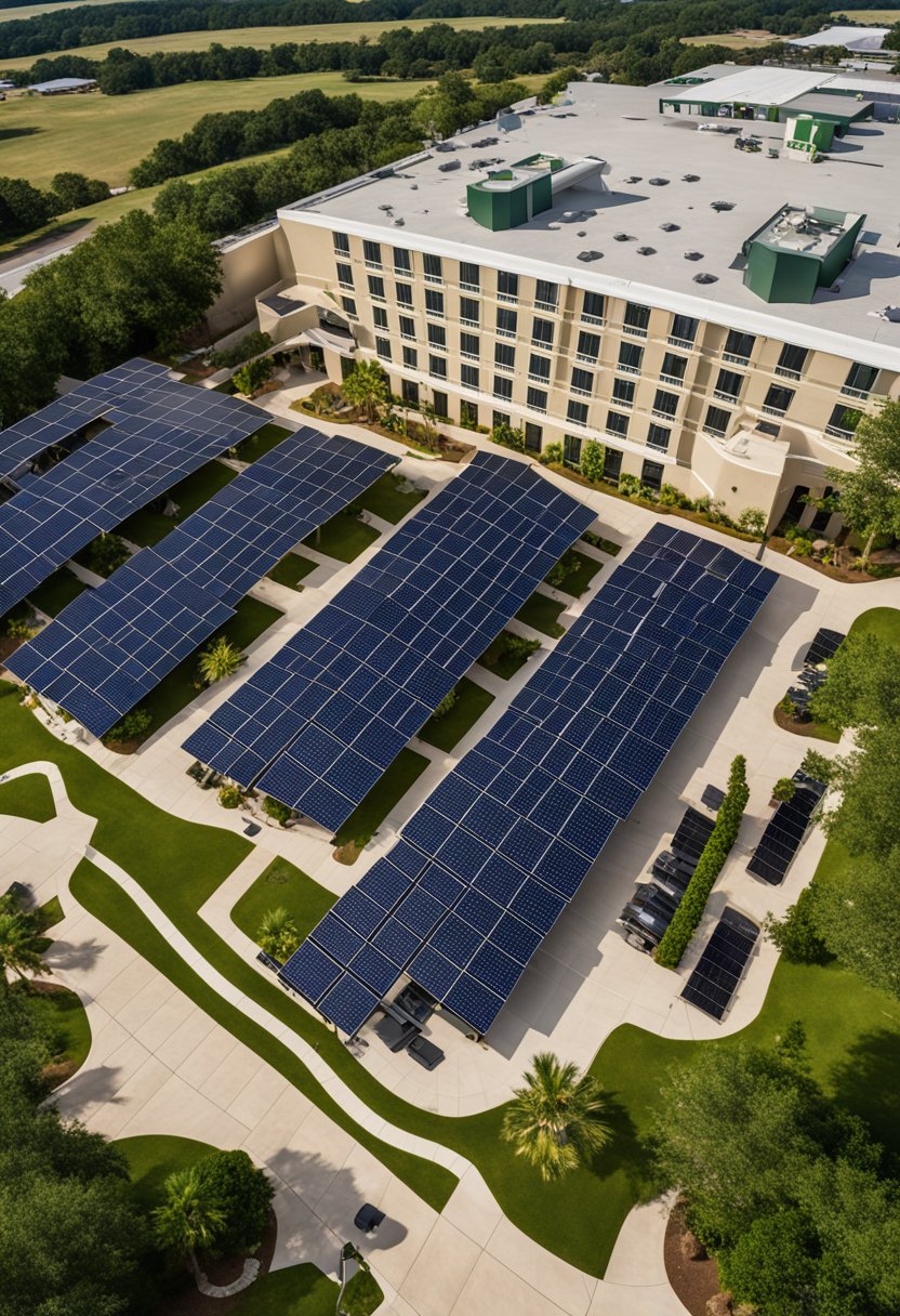 The Holiday Inn Hotel & Suites Waco Northwest features eco-friendly design, with solar panels on the roof and lush greenery surrounding the building