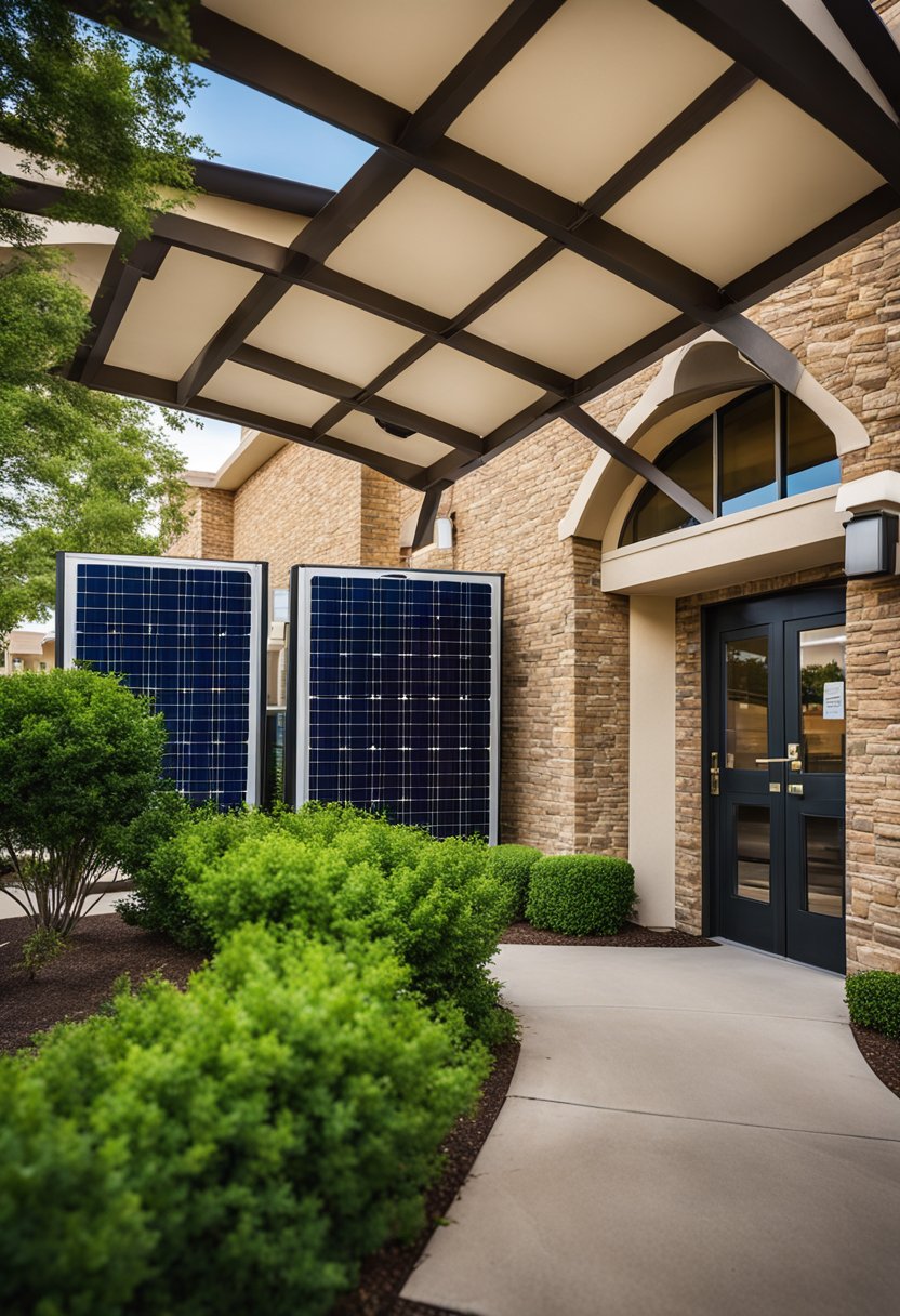 The exterior of Comfort Suites Waco North, with solar panels and a recycling center, surrounded by lush green landscaping