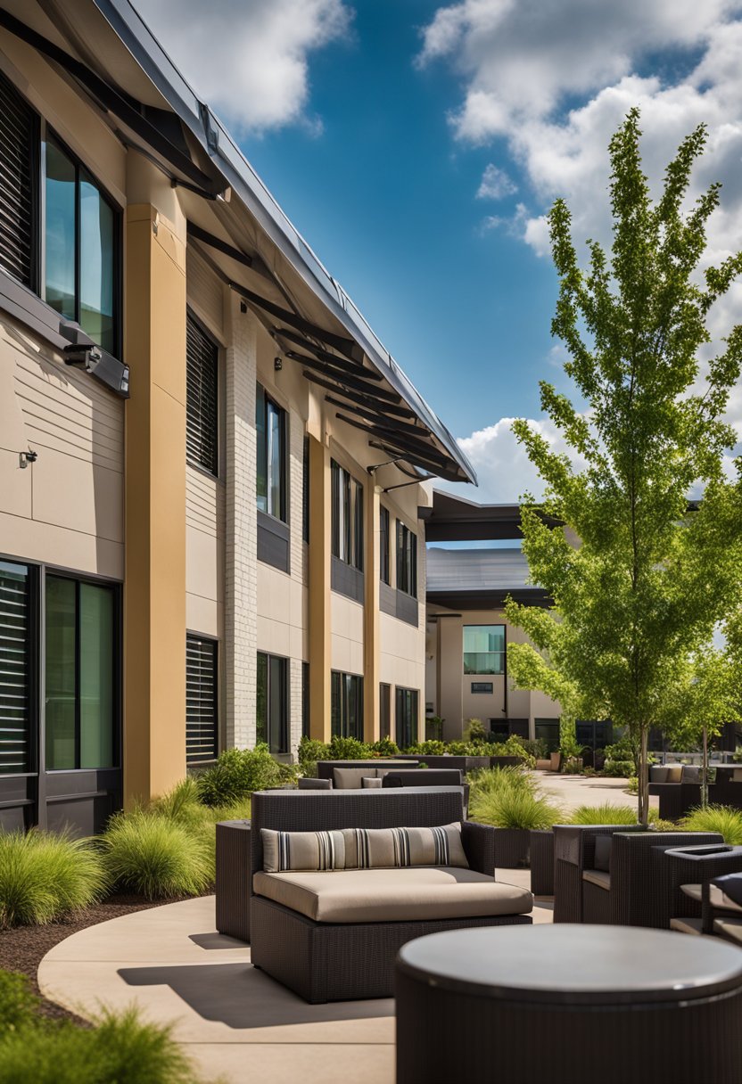 The Hilton Garden Inn Waco, a modern eco-friendly accommodation, nestled among lush greenery with solar panels and recycling bins