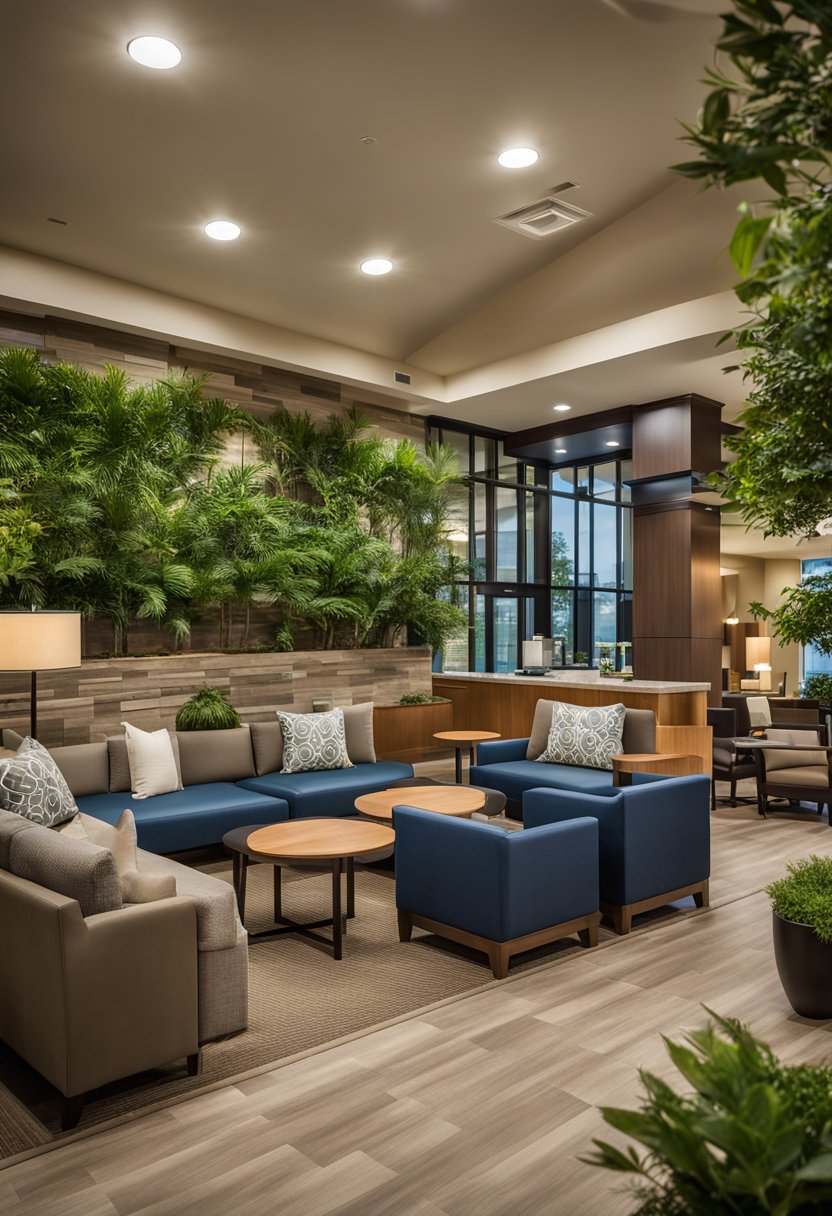 The Hampton Inn & Suites Waco-South features eco-friendly accommodations with modern design and sustainable materials. The hotel is surrounded by lush greenery and incorporates energy-saving features such as solar panels and efficient lighting