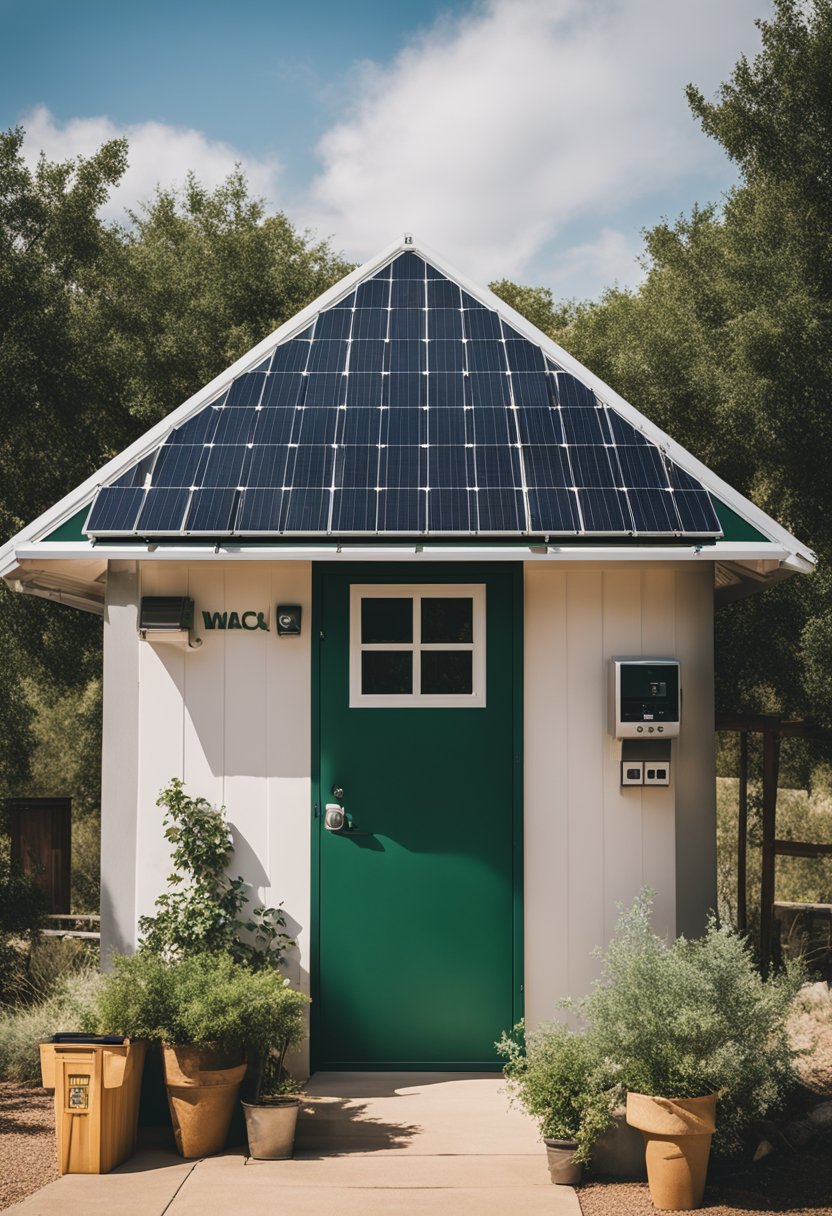 An eco-friendly accommodation in Waco, Texas, with solar panels on the roof, a garden with native plants, and recycling bins outside the entrance
