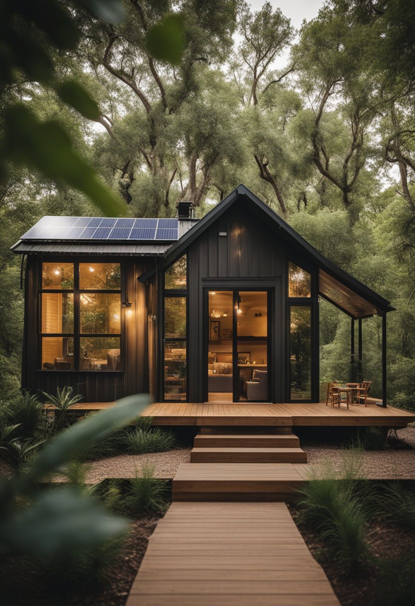 A cozy eco-friendly cabin nestled in a lush Waco forest, surrounded by sustainable gardens and solar panels