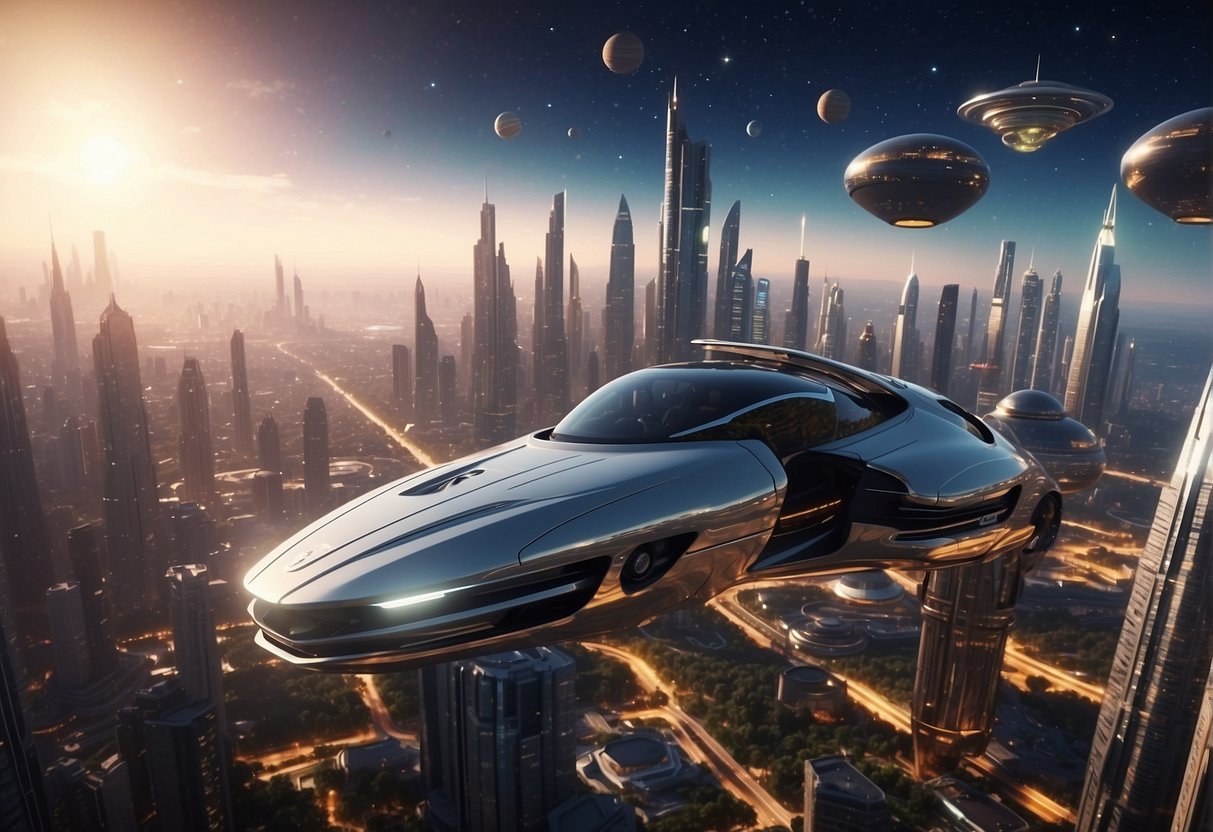 A bustling futuristic city with flying cars and towering skyscrapers, set against a backdrop of distant planets and galaxies