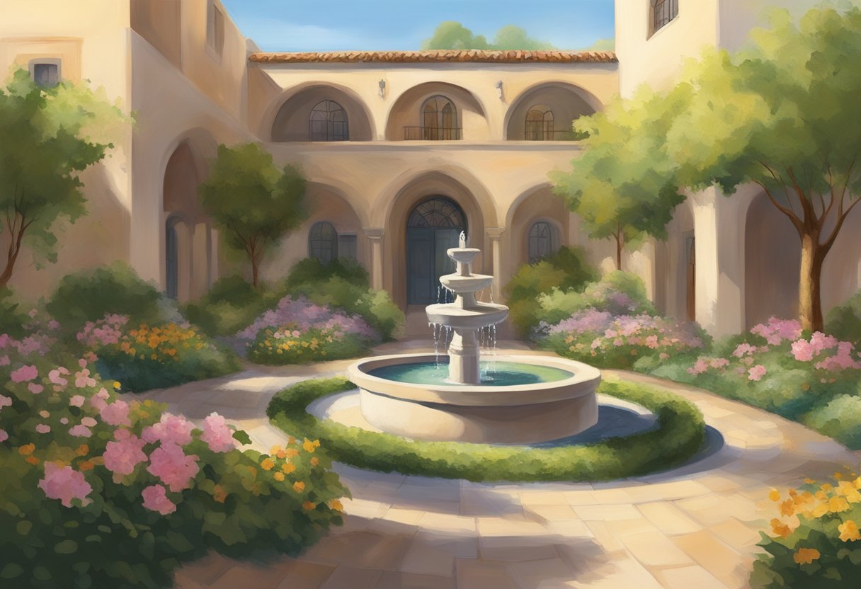 A peaceful courtyard with blooming gardens surrounds the Medina Hospice, with a serene fountain as the centerpiece. The warm sunlight filters through the trees, creating a tranquil atmosphere