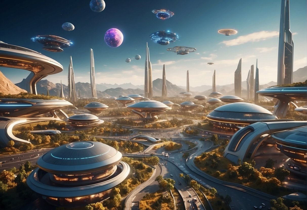 A bustling futuristic spaceport with sleek spaceships coming and going, robots and aliens mingling, and a colorful array of intergalactic technology on display