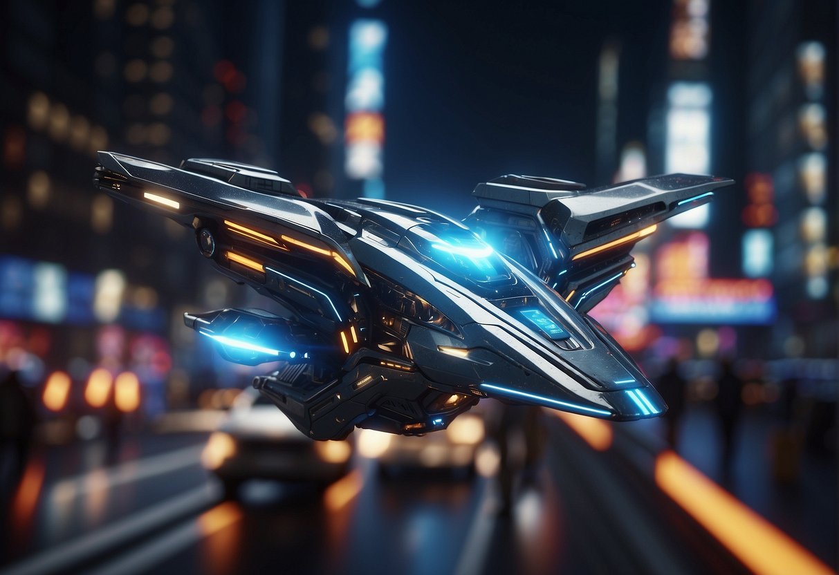 In the bustling city of New New York, futuristic spaceships soar through the sky, while holographic billboards and neon signs light up the bustling streets