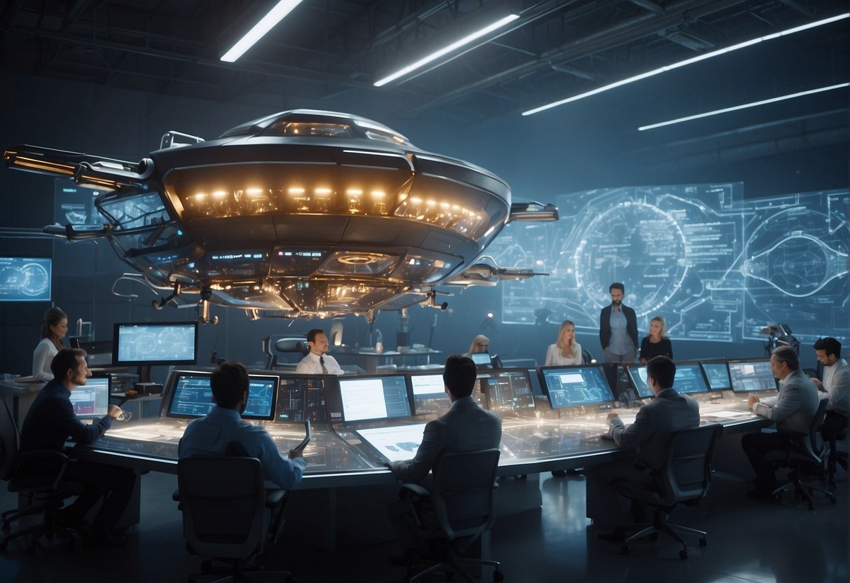 In a bustling spaceship workshop, robots and aliens work together, constructing sleek, futuristic spacecraft. A holographic display shows blueprints for a new spaceship design, while engineers consult animated schematics