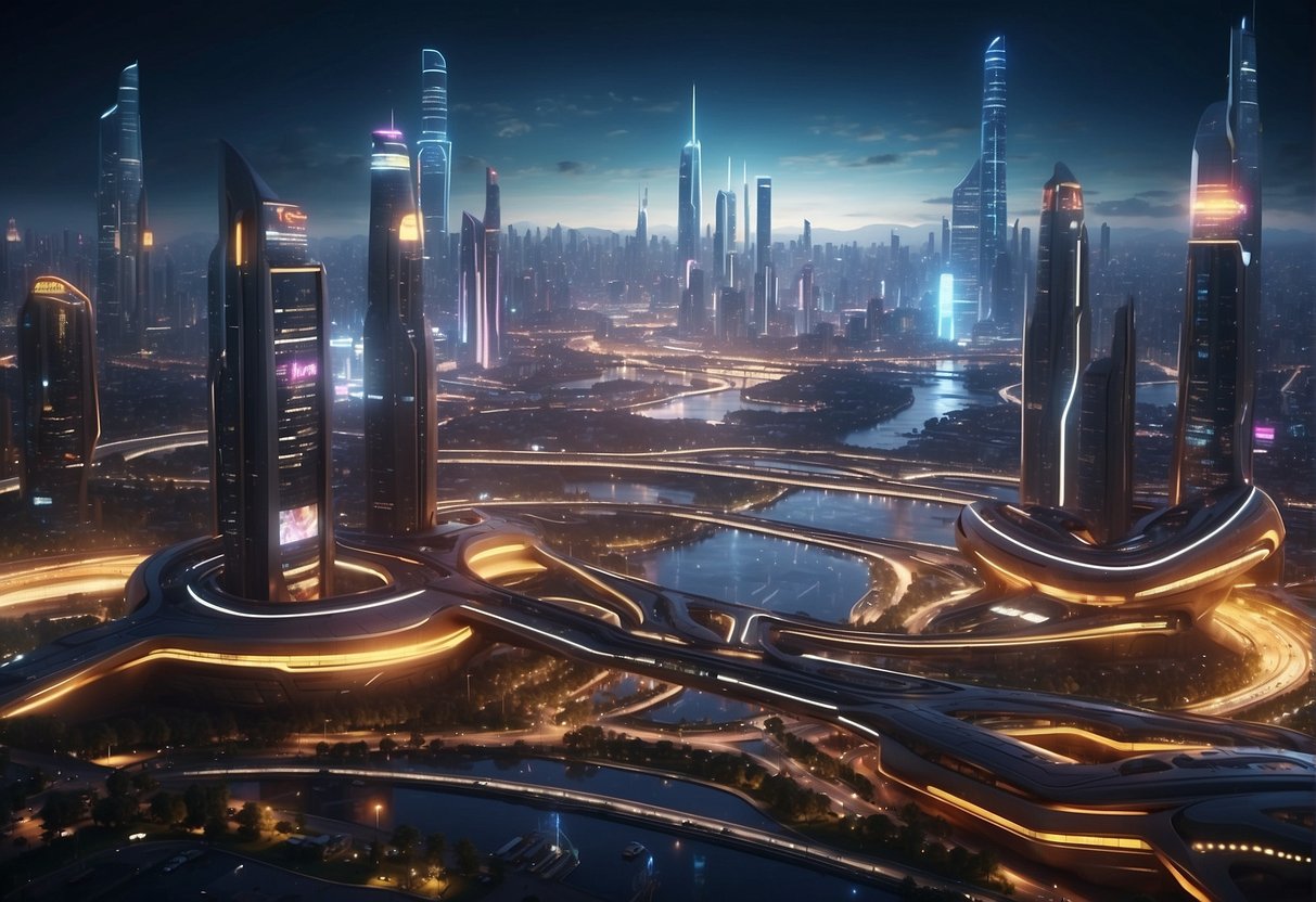 A bustling futuristic city with flying cars, towering skyscrapers, and bustling streets filled with robots and aliens. The cityscape is illuminated by neon lights, and a sense of excitement and adventure fills the air