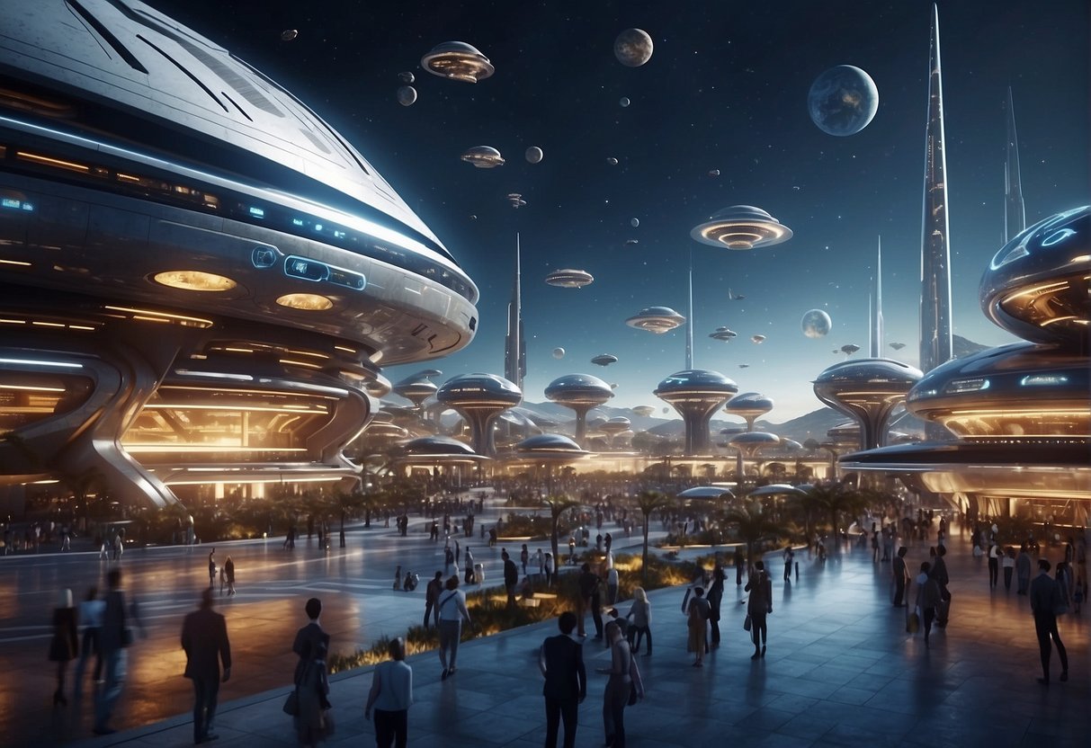 A bustling futuristic spaceport with sleek spaceships coming and going, robots and aliens interacting, and a vibrant mix of technology and culture