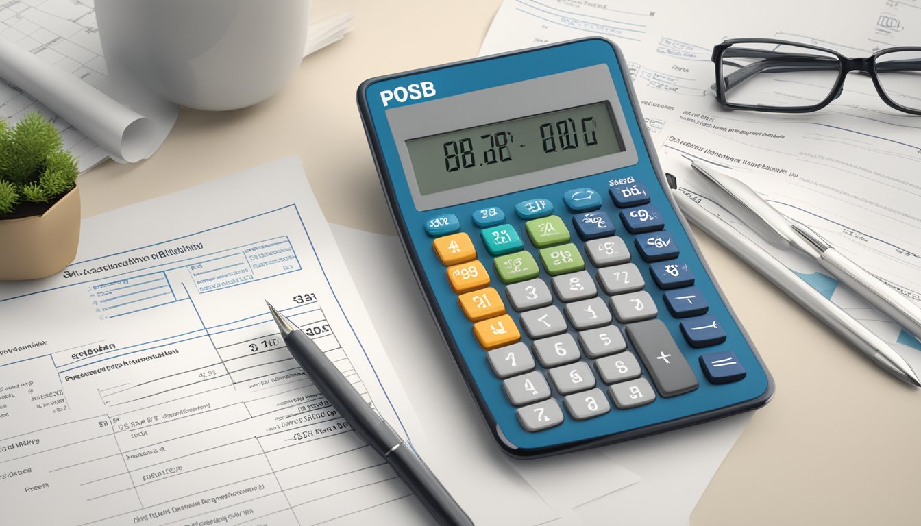A calculator displaying the POSB logo, with numbers and symbols on the screen, surrounded by financial documents and a list of eligibility criteria