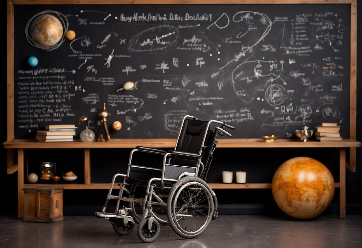 Stephen Hawking's wheelchair surrounded by space-themed props and a chalkboard with equations, showcasing his humor and passion for space science