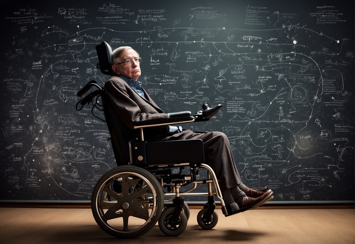 Stephen Hawking's iconic wheelchair surrounded by stars, planets, and galaxies, with a chalkboard filled with equations and his famous quotes in the background