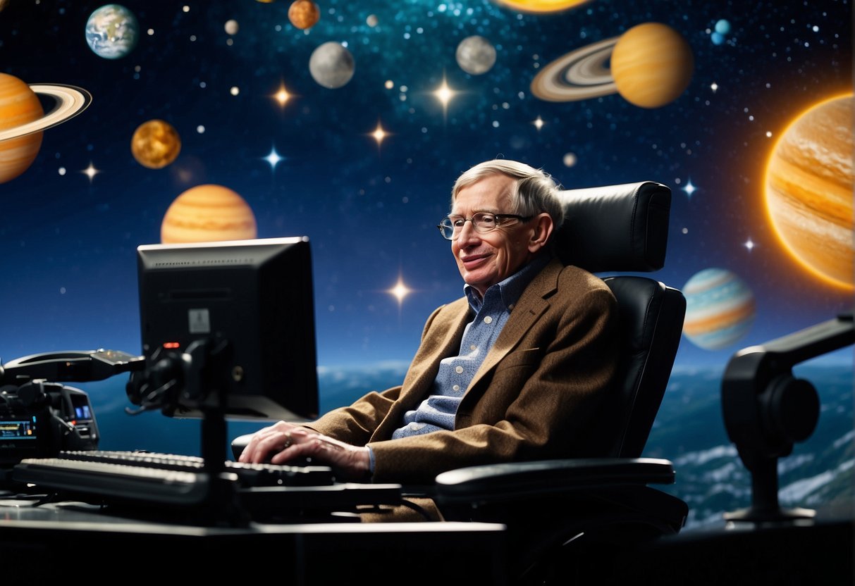 Stephen Hawking's voice narrates space scenes, surrounded by animated planets and stars. His humor educates in an engaging, lighthearted manner