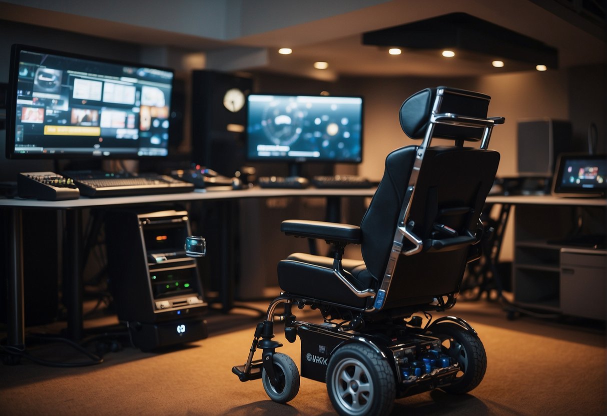 Stephen Hawking's iconic wheelchair sits amidst futuristic gaming consoles and high-tech gadgets, symbolizing his influence on gaming and technology