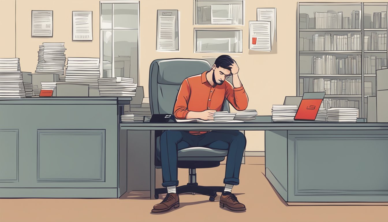 A person sits dejectedly in a bank office, holding a letter with a red "rejected" stamp on it. The loan officer looks sympathetic but firm