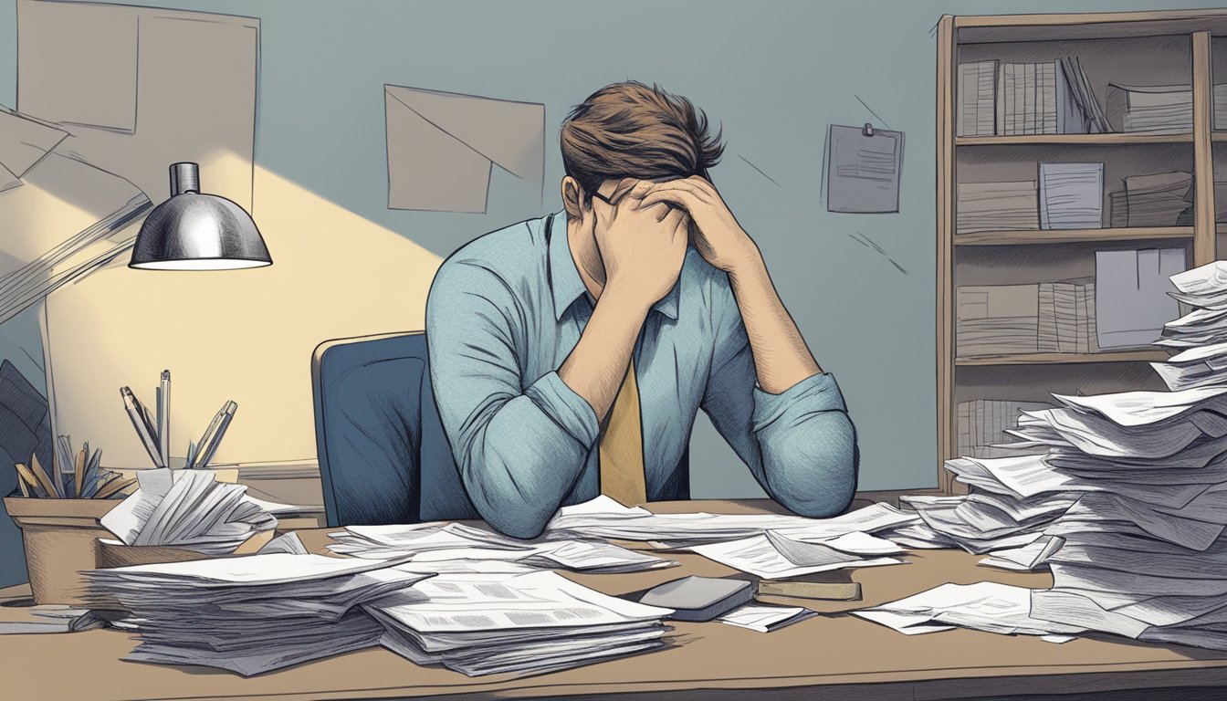 A person sits dejectedly at a desk, paperwork scattered around them. A letter with "Personal Loan Rejected" is crumpled in their hand