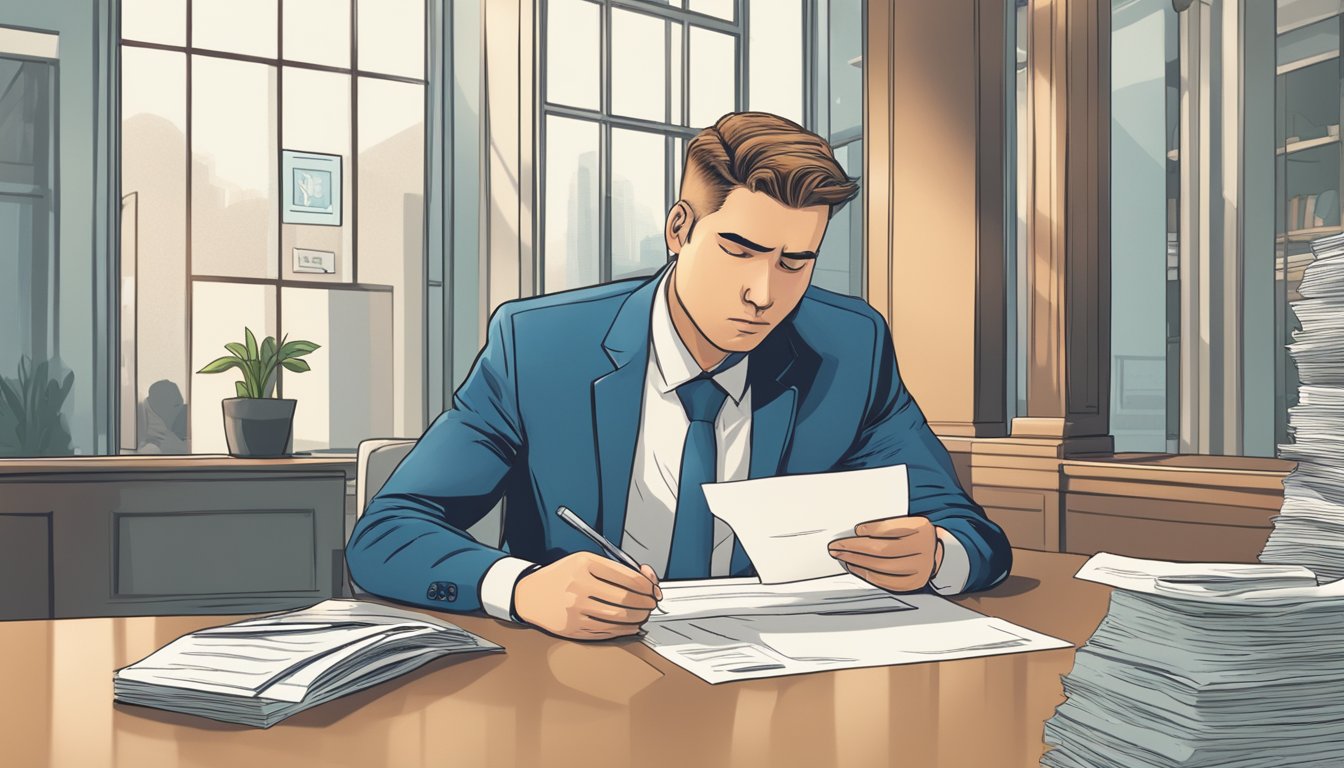 A person sitting in a bank office, looking disappointed while holding a letter with "Loan Rejected" stamped on it. The banker is shaking their head in the background