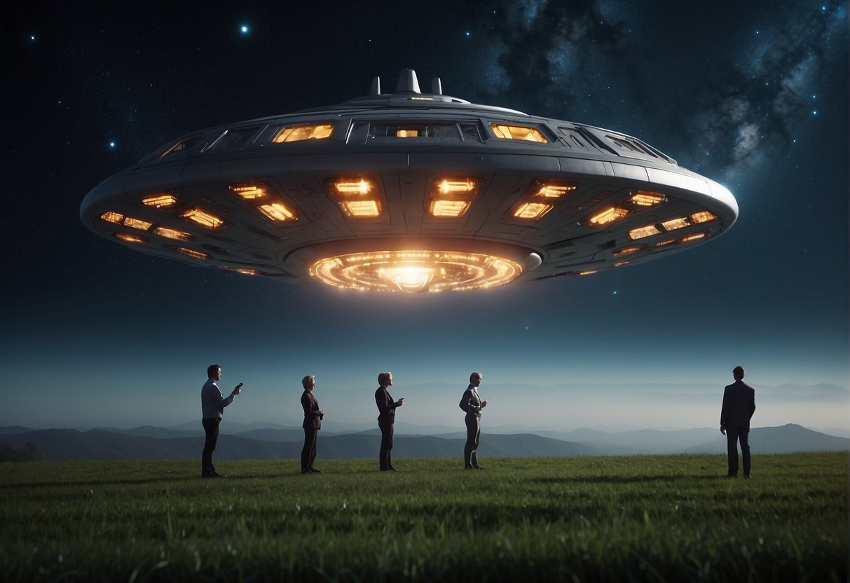 A spaceship hovers above a field, emitting a series of pulsating lights. A group of scientists stand nearby, pointing various devices towards the craft, attempting to establish communication with the unknown entity